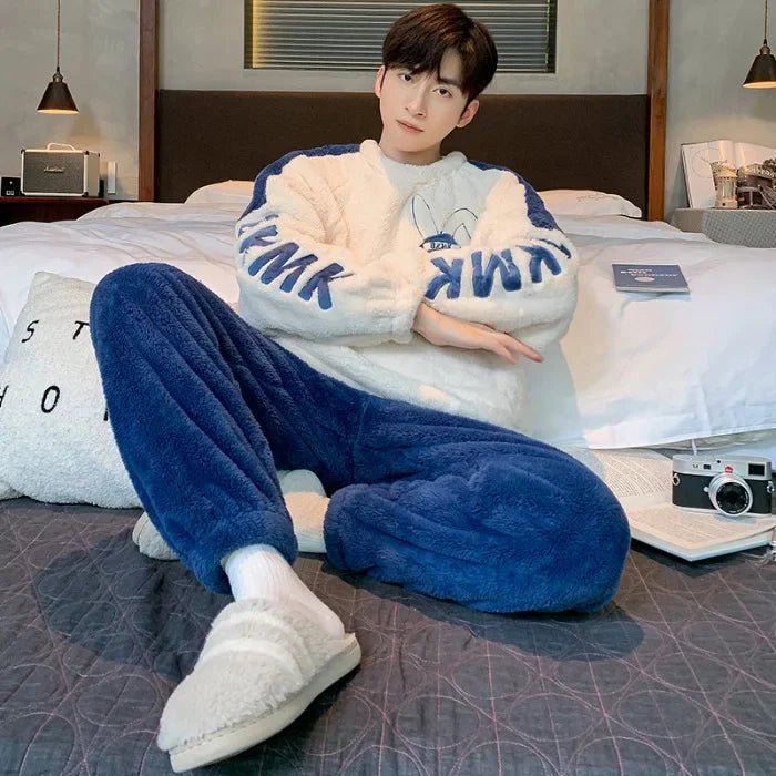SaneShoppe Men's Thickened Winter Coral Fleece Pajama Set - Large Size Teen Sleepwear