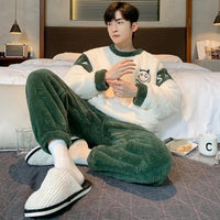 SaneShoppe Men's Thickened Winter Coral Fleece Pajama Set - Large Size Teen Sleepwear