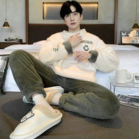 SaneShoppe - Men's Thickened Winter Coral Fleece Pajama Set - Large Size Teen Sleepwear