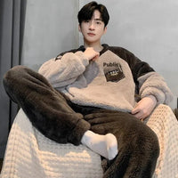 SaneShoppe - Men's Thickened Winter Coral Fleece Pajama Set - Large Size Teen Sleepwear