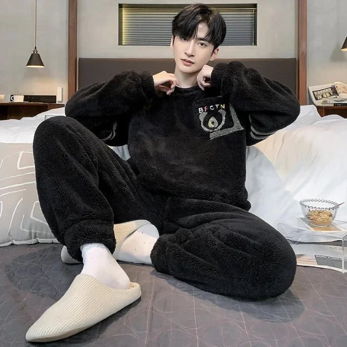 SaneShoppe - Men's Thickened Winter Coral Fleece Pajama Set - Large Size Teen Sleepwear