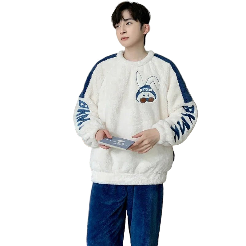SaneShoppe - Men's Thickened Winter Coral Fleece Pajama Set - Large Size Teen Sleepwear