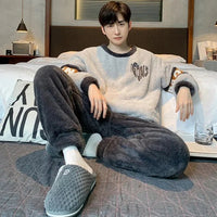 SaneShoppe - Men's Thickened Winter Coral Fleece Pajama Set - Large Size Teen Sleepwear