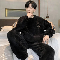 SaneShoppe - Men's Thickened Winter Coral Fleece Pajama Set - Large Size Teen Sleepwear