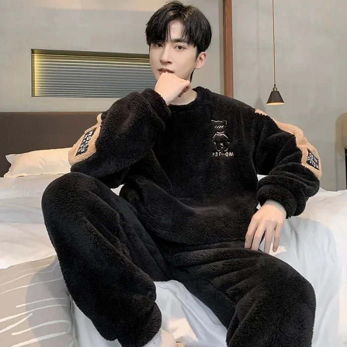 SaneShoppe - Men's Thickened Winter Coral Fleece Pajama Set - Large Size Teen Sleepwear