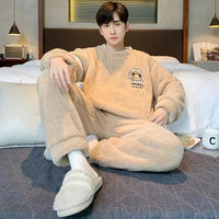 SaneShoppe - Men's Thickened Winter Coral Fleece Pajama Set - Large Size Teen Sleepwear