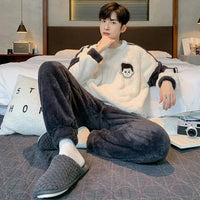 SaneShoppe - Men's Thickened Winter Coral Fleece Pajama Set - Large Size Teen Sleepwear