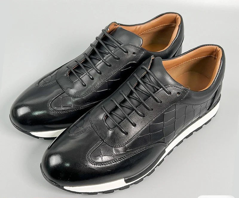 SaneShoppe - Men's Genuine Leather Flat Sneakers with Lace Up round Toe Loafers Chaussures Hommes