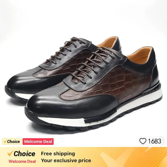 SaneShoppe - Men's Genuine Leather Flat Sneakers with Lace Up round Toe Loafers Chaussures Hommes