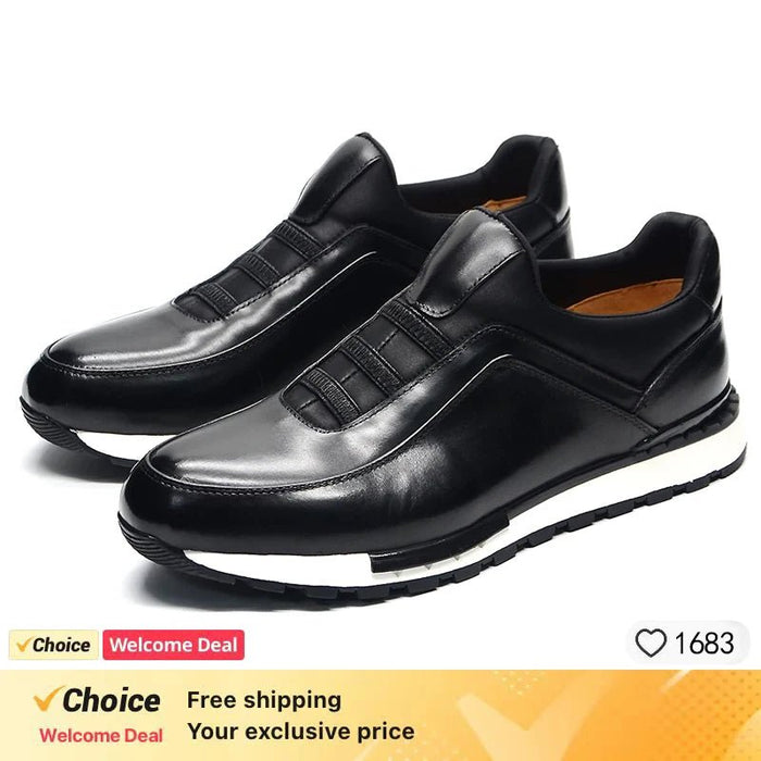 SaneShoppe - Men's Genuine Leather Flat Sneakers with Lace Up round Toe Loafers Chaussures Hommes