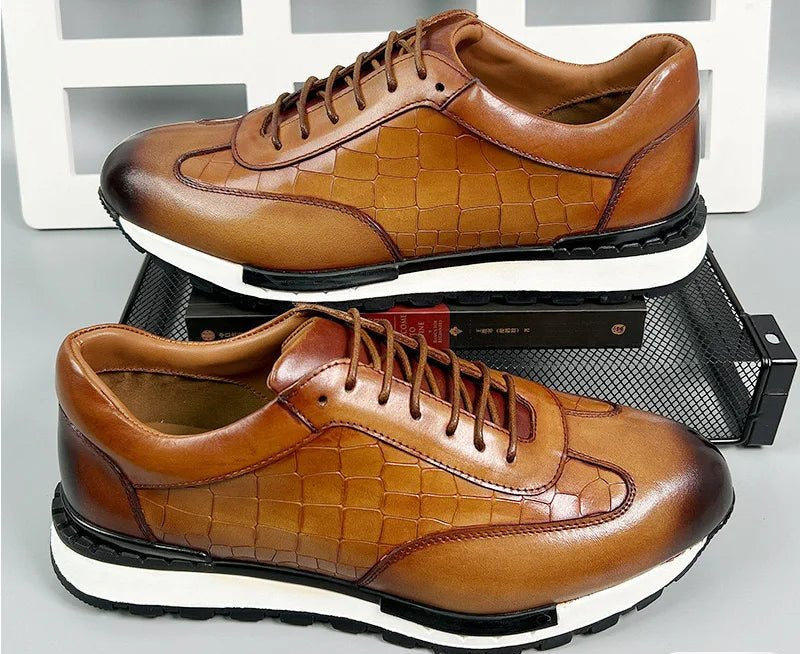 SaneShoppe - Men's Genuine Leather Flat Sneakers with Lace Up round Toe Loafers Chaussures Hommes