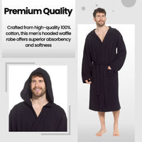 SaneShoppe - Men’s Hooded Waffle Cotton Bathrobe Black Super Absorbent Spa Robe Luxury Dressing Gown for Home & Loungewear by Sock Stack