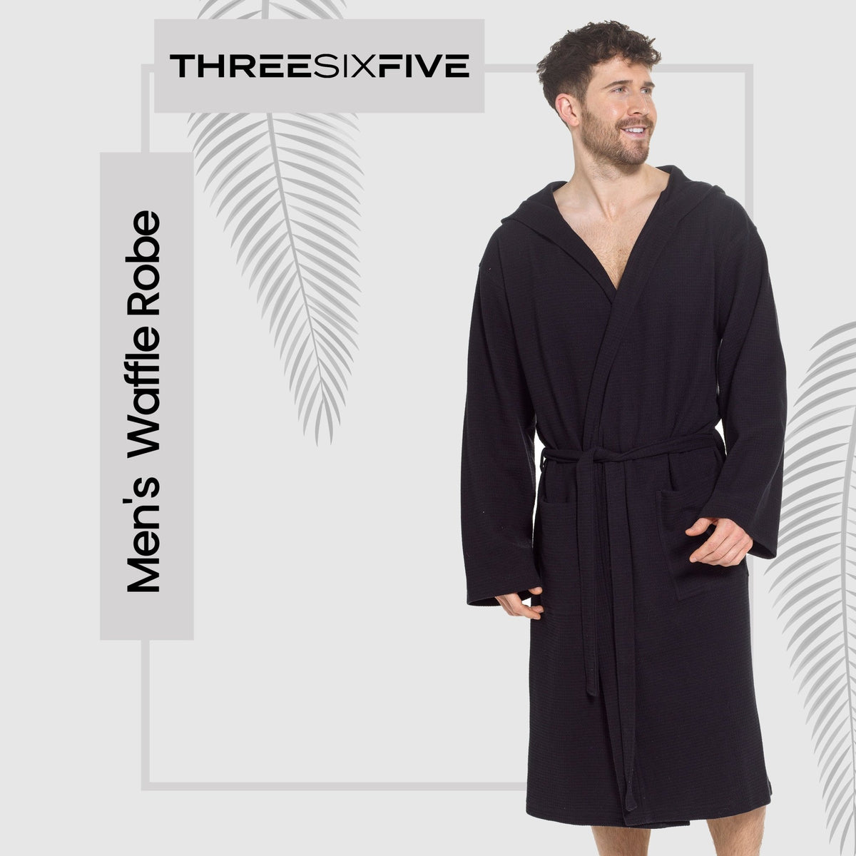 SaneShoppe - Men’s Hooded Waffle Cotton Bathrobe Black Super Absorbent Spa Robe Luxury Dressing Gown for Home & Loungewear by Sock Stack