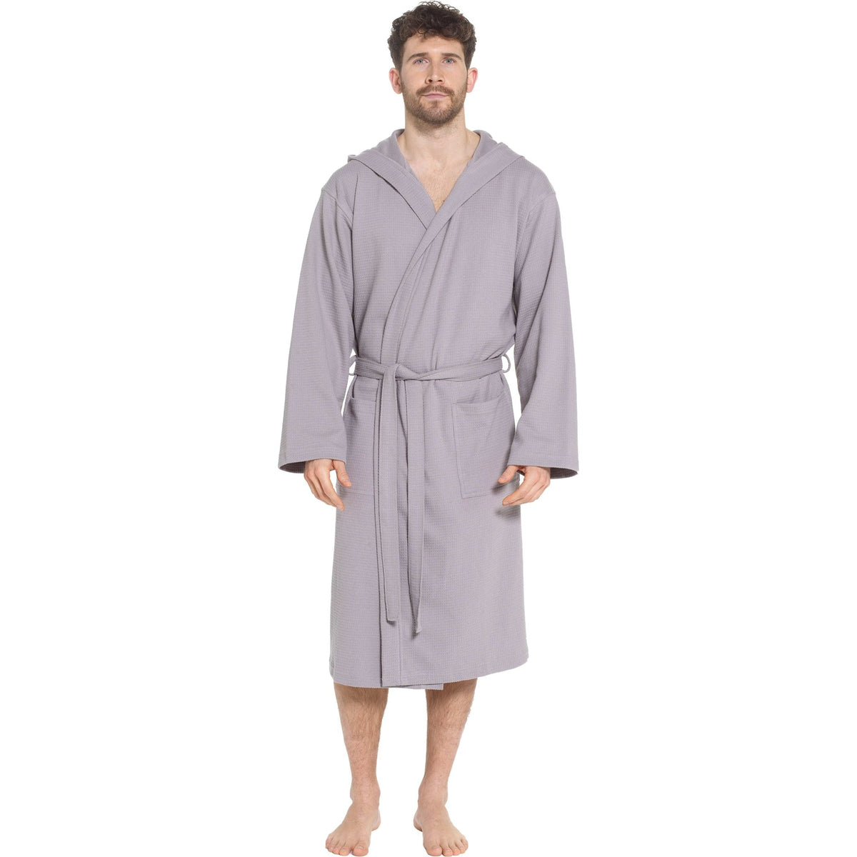 SaneShoppe - Men’s Hooded Waffle Cotton Bathrobe Grey Super Absorbent Spa Robe Luxury Dressing Gown for Home & Loungewear by Sock Stack