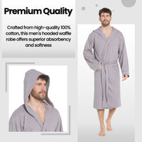 SaneShoppe - Men’s Hooded Waffle Cotton Bathrobe Grey Super Absorbent Spa Robe Luxury Dressing Gown for Home & Loungewear by Sock Stack