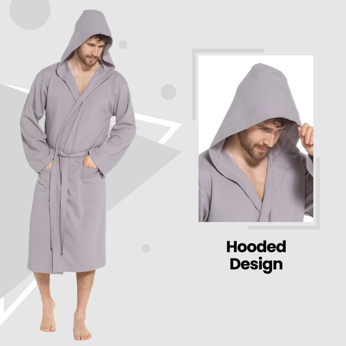 SaneShoppe - Men’s Hooded Waffle Cotton Bathrobe Grey Super Absorbent Spa Robe Luxury Dressing Gown for Home & Loungewear by Sock Stack