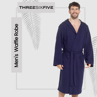 SaneShoppe - Men’s Hooded Waffle Cotton Bathrobe Navy Super Absorbent Spa Robe Luxury Dressing Gown for Home & Loungewear by Sock Stack