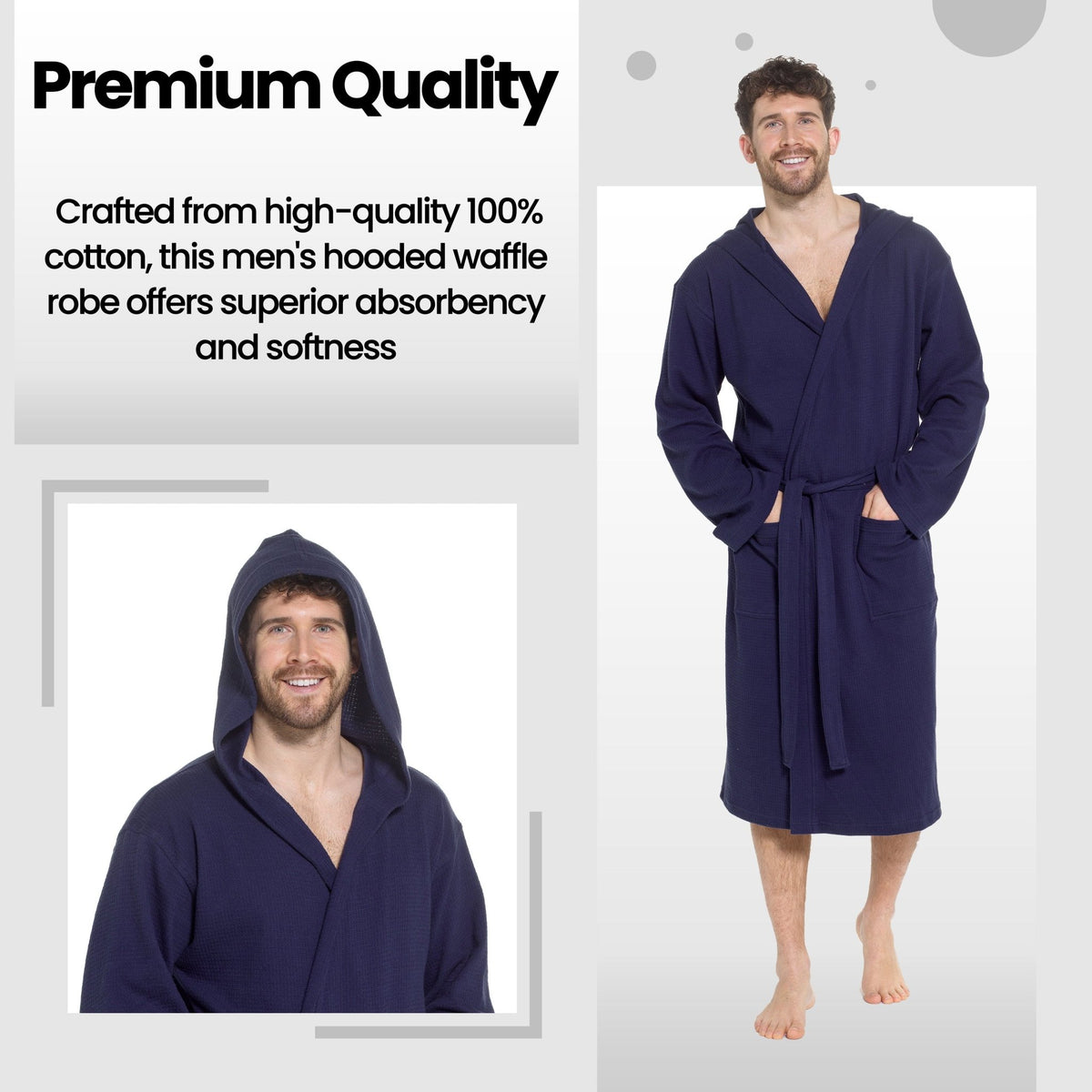 SaneShoppe - Men’s Hooded Waffle Cotton Bathrobe Navy Super Absorbent Spa Robe Luxury Dressing Gown for Home & Loungewear by Sock Stack