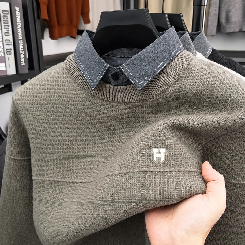 SaneShoppe - Men’s Knit Sweater Fake Two Piece Layered Design Long Sleeve Round Neck Soft Warm Fabric Casual Fashion Autumn Winter Men’s We