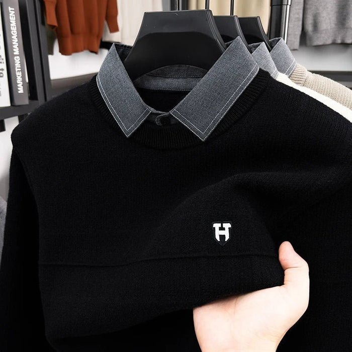 SaneShoppe - Men’s Knit Sweater Fake Two Piece Layered Design Long Sleeve Round Neck Soft Warm Fabric Casual Fashion Autumn Winter Men’s We
