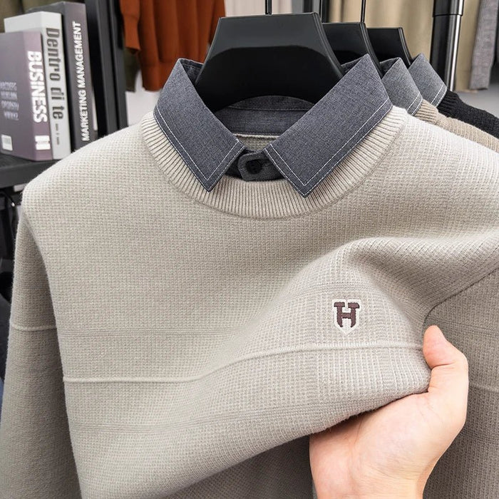 SaneShoppe - Men’s Knit Sweater Fake Two Piece Layered Design Long Sleeve Round Neck Soft Warm Fabric Casual Fashion Autumn Winter Men’s We