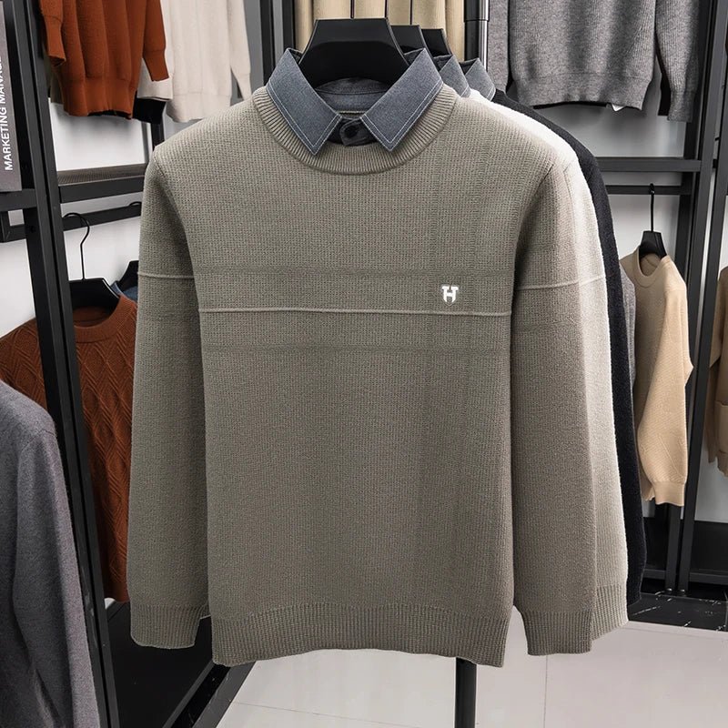 SaneShoppe - Men’s Knit Sweater Fake Two Piece Layered Design Long Sleeve Round Neck Soft Warm Fabric Casual Fashion Autumn Winter Men’s We