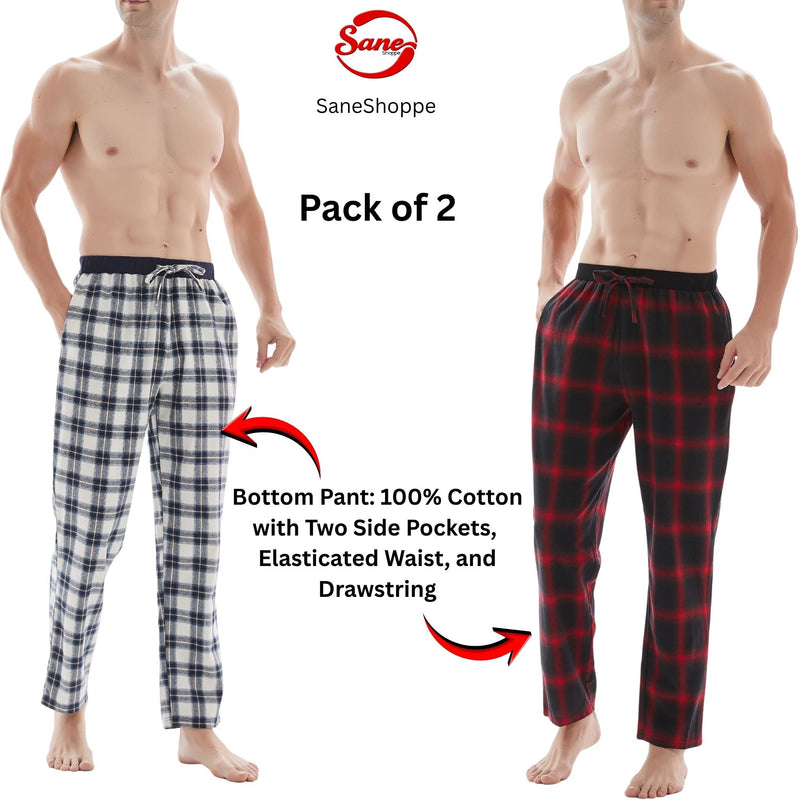SaneShoppe - Men's Lightweight Cotton Flannel Pyjama Bottoms - Pack of 2
