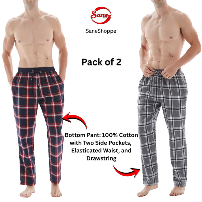 SaneShoppe - Men's Lightweight Cotton Flannel Pyjama Bottoms - Pack of 2