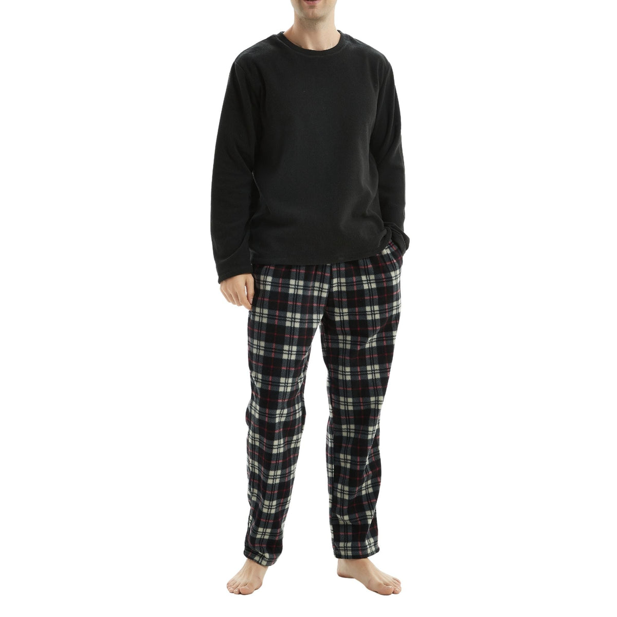 SaneShoppe - Men's Long Sleeve Thermal Fleece Pyjama Set in Black and Red.