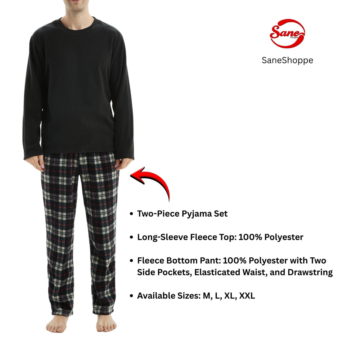SaneShoppe - Men's Long Sleeve Thermal Fleece Pyjama Set in Black and Red.