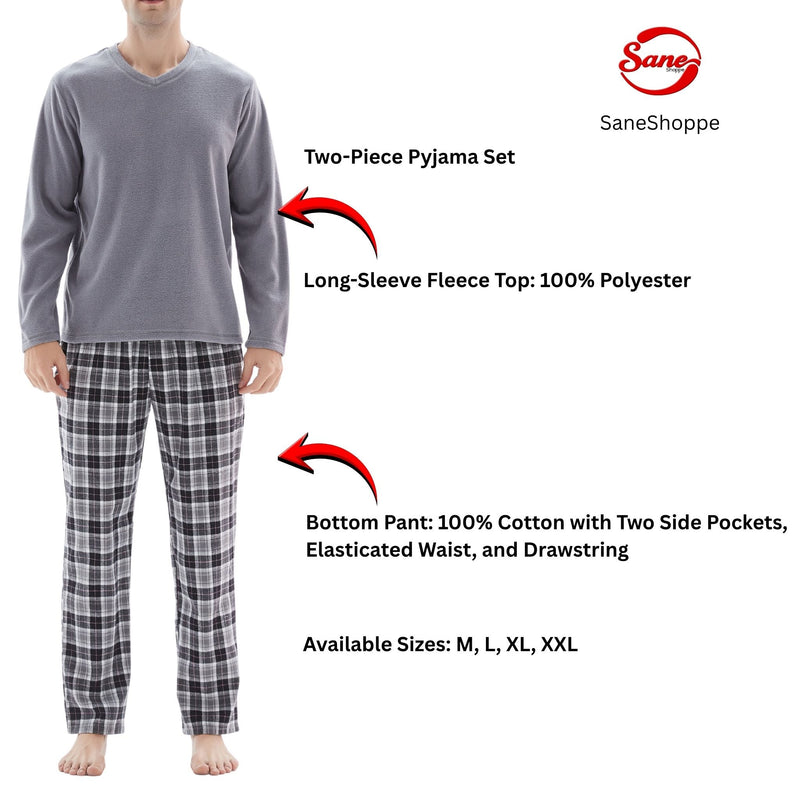 SaneShoppe - Men's Pyjama Sets: Fleece Top with Cotton Bottoms in Grey and Black