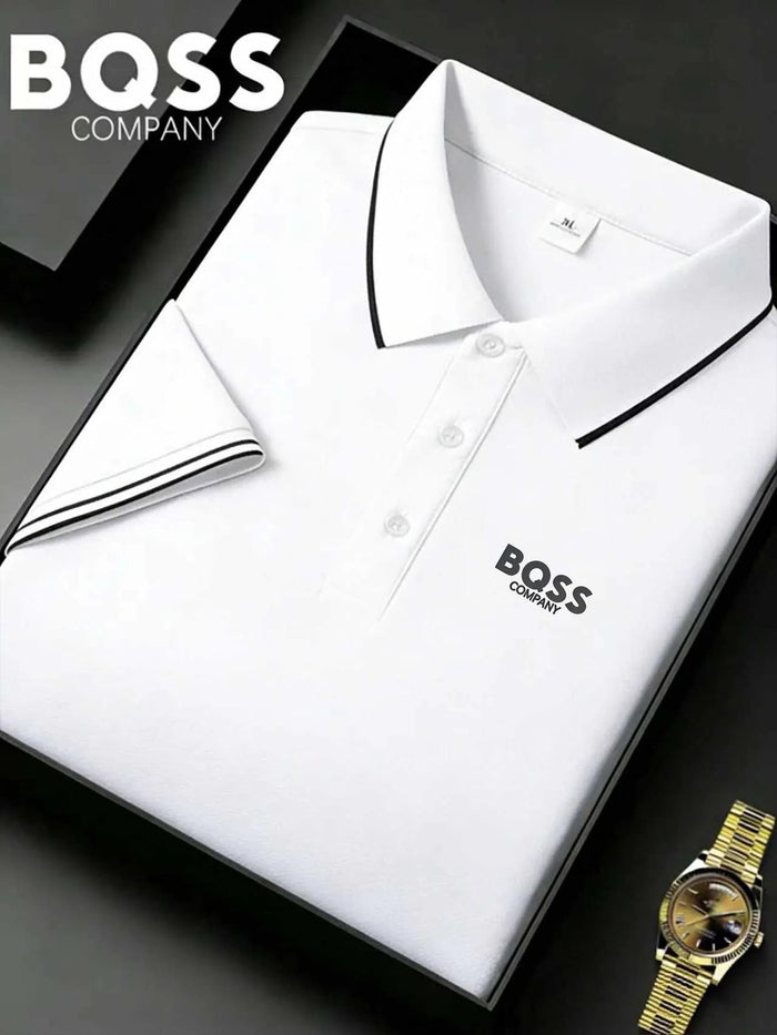 SaneShoppe-Men's Striped Polo Shirt with Letter Print - Casual Sporty Top