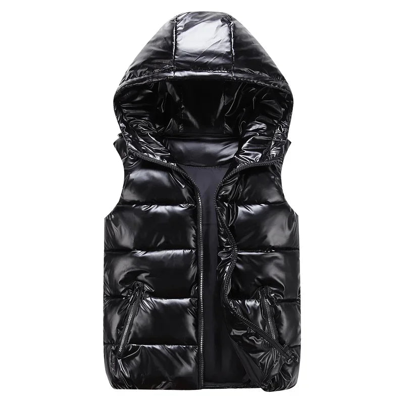 SaneShoppe - Men's Sleeveless Jacket Fashion Shiny Vest Winter Warm Hood Pockets Cotton Padded Husband Red Black Autumn Down Waistcoat Male