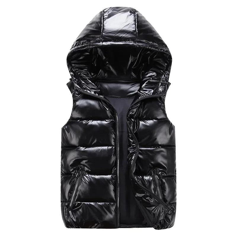 SaneShoppe - Men's Sleeveless Jacket Fashion Shiny Vest Winter Warm Hood Pockets Cotton Padded Husband Red Black Autumn Down Waistcoat Male