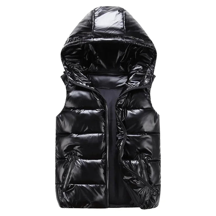 SaneShoppe - Men's Sleeveless Jacket Fashion Shiny Vest Winter Warm Hood Pockets Cotton Padded Husband Red Black Autumn Down Waistcoat Male
