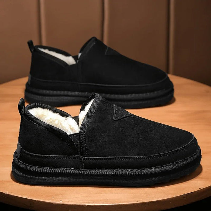 SaneShoppe - Men's slipper genuine leather upper shearling lined sheepskin Insole memory foam slip on warm house shoes rubber outsole Indoor