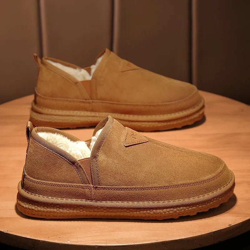 SaneShoppe - Men's slipper genuine leather upper shearling lined sheepskin Insole memory foam slip on warm house shoes rubber outsole Indoor