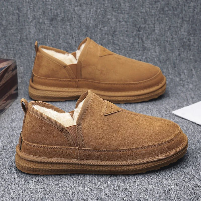 SaneShoppe - Men's slipper genuine leather upper shearling lined sheepskin Insole memory foam slip on warm house shoes rubber outsole Indoor