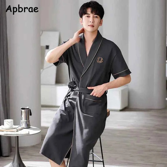 Men's Soft Cotton Bathrobe Dark Grey Half Sleeve Solid Robe Big Size 4XL