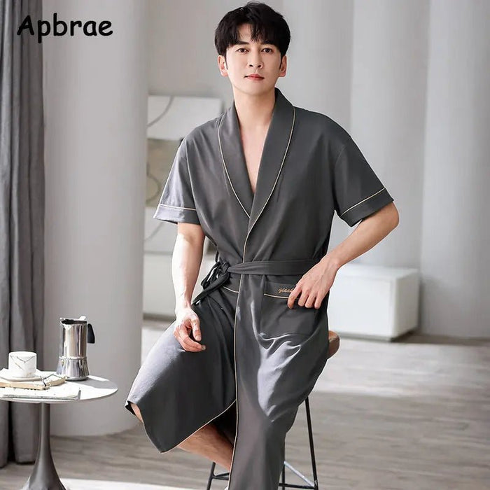 SaneShoppe - Men's Soft Cotton Bathrobe Dark Grey Half Sleeve Solid Robe Big Size 4XL