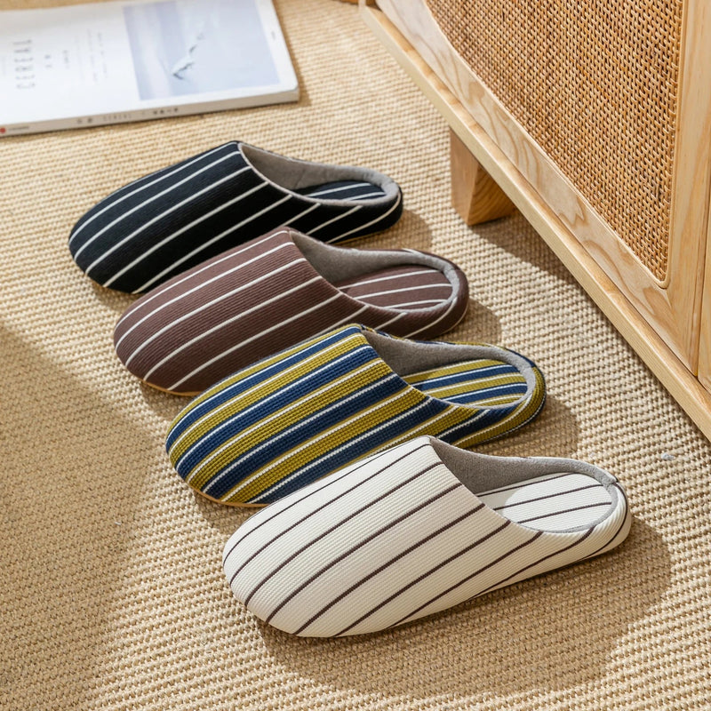 SaneShoppe - Men's Striped Slippers, Non - Slip Indoor House Shoes with Soft Flat Sole, Comfortable Bedroom Slippers for Winter and Home Use