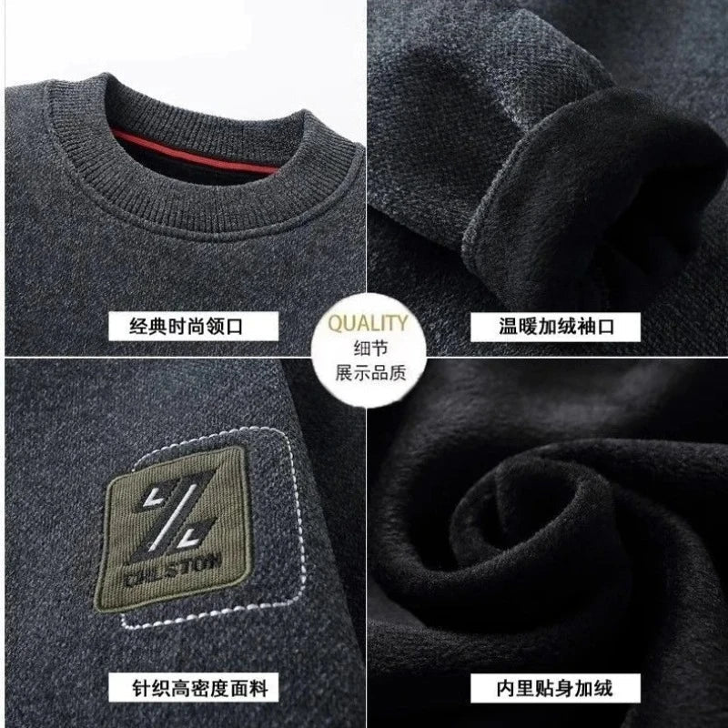 SaneShoppe - Men's Sweatercoat Autumn Winter O - Neck Knit Letter Plush Fleece Lined Warm Wool Pullover Sweater Men Bottoming Pullovers Jumper