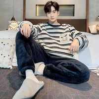 SaneShoppe - Men's Thermal Pajama Sets Winter Cartoon Dog Embroidery Striped Home Wear Fleece Thick Sleepwear Cozy Warm Lounge Pajama Set Men