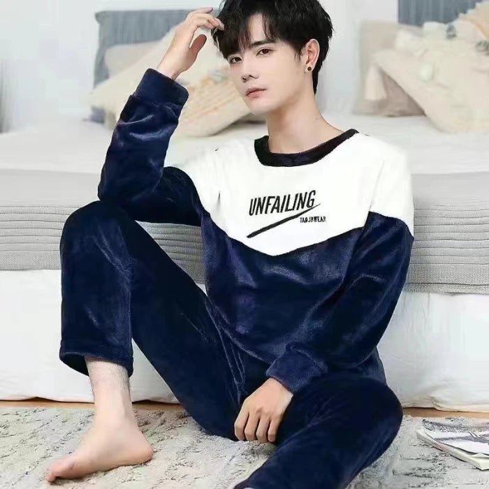 SaneShoppe - Men's Thermal Pajama Sets Winter Cartoon Dog Embroidery Striped Home Wear Fleece Thick Sleepwear Cozy Warm Lounge Pajama Set Men