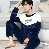 SaneShoppe - Men's Thermal Pajama Sets Winter Cartoon Dog Embroidery Striped Home Wear Fleece Thick Sleepwear Cozy Warm Lounge Pajama Set Men