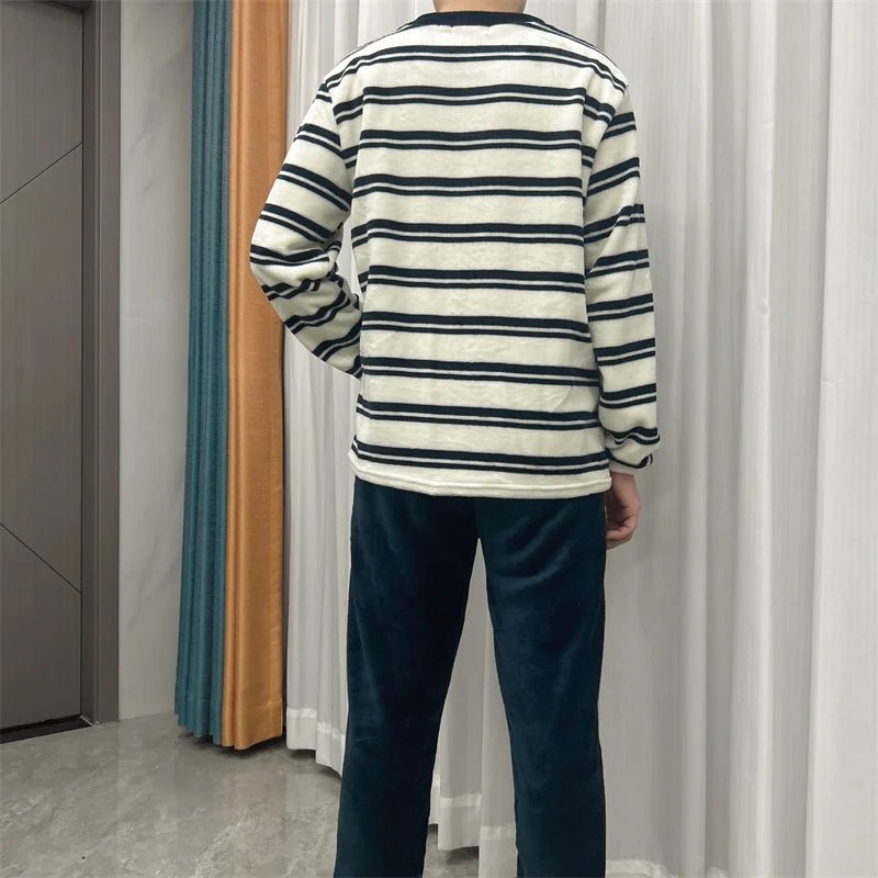 SaneShoppe - Men's Thermal Pajama Sets Winter Cartoon Dog Embroidery Striped Home Wear Fleece Thick Sleepwear Cozy Warm Lounge Pajama Set Men
