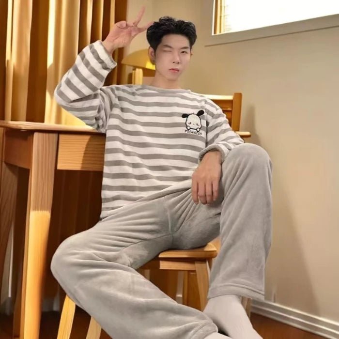 SaneShoppe - Men's Thermal Pajama Sets Winter Cartoon Dog Embroidery Striped Home Wear Fleece Thick Sleepwear Cozy Warm Lounge Pajama Set Men