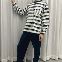 SaneShoppe - Men's Thermal Pajama Sets Winter Cartoon Dog Embroidery Striped Home Wear Fleece Thick Sleepwear Cozy Warm Lounge Pajama Set Men