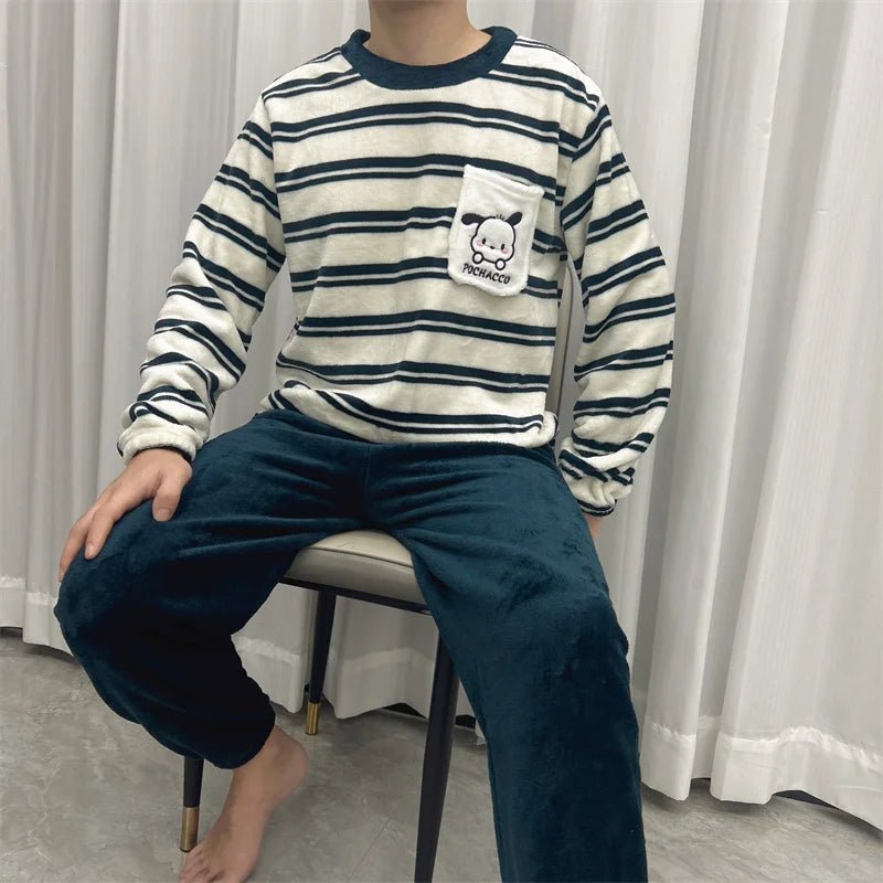 SaneShoppe - Men's Thermal Pajama Sets Winter Cartoon Dog Embroidery Striped Home Wear Fleece Thick Sleepwear Cozy Warm Lounge Pajama Set Men