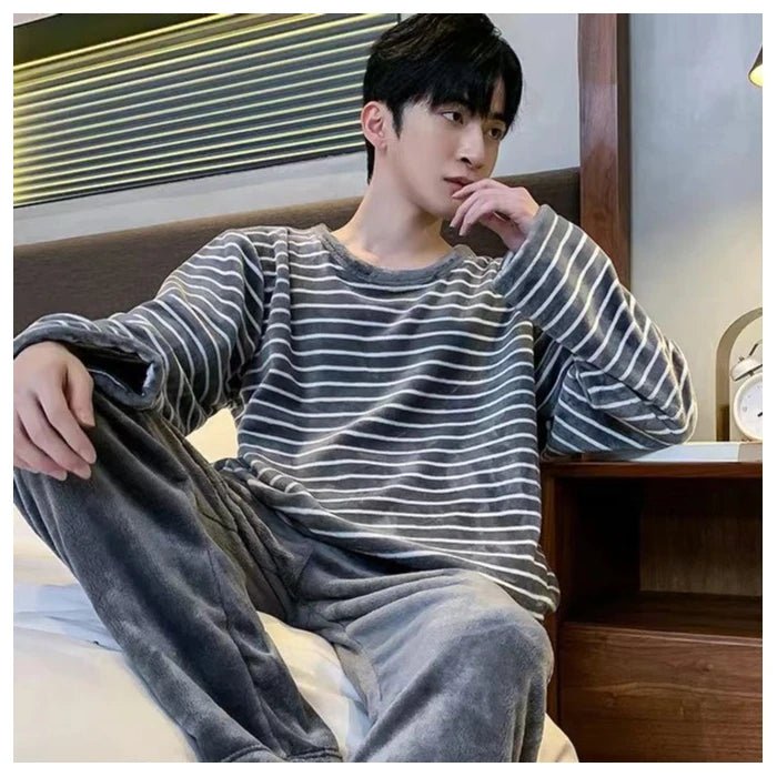 SaneShoppe - Men's Thermal Pajama Sets Winter Cartoon Dog Embroidery Striped Home Wear Fleece Thick Sleepwear Cozy Warm Lounge Pajama Set Men